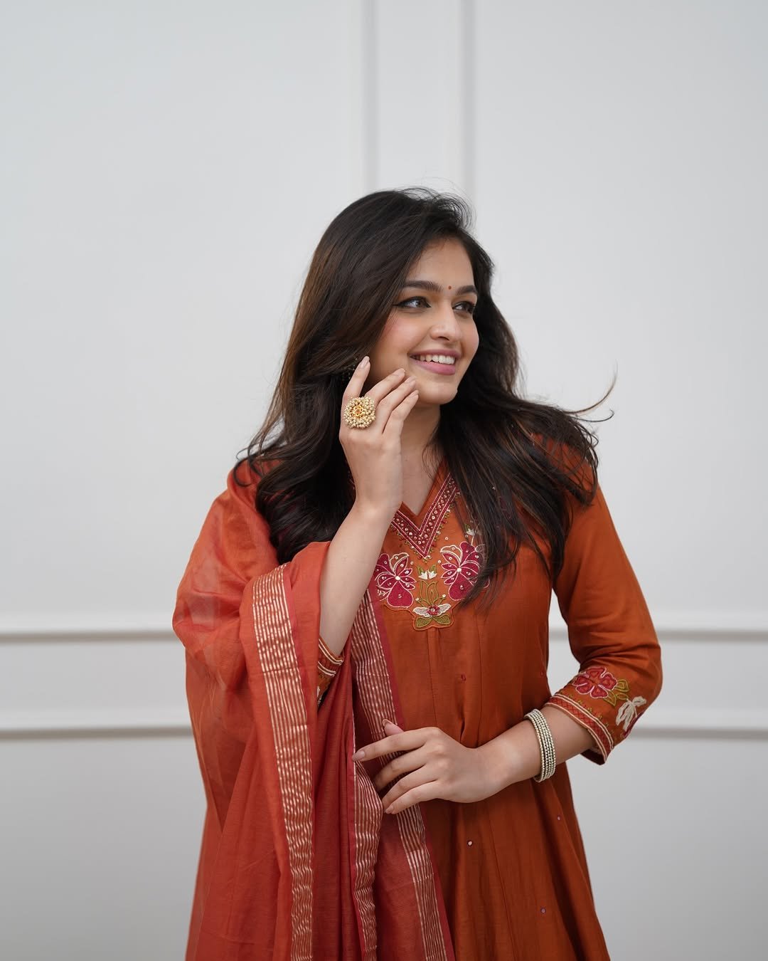 Orange Cotton Anarkali Suit Set with Mirror Work